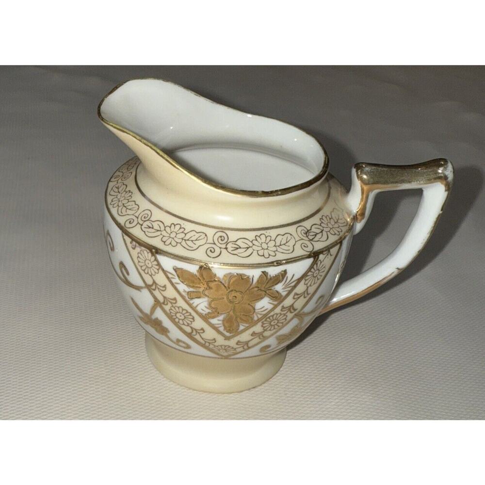 Noritake Ivory China Homage Footed Creamer | Floral Gold Rim | Japan | 3.5”